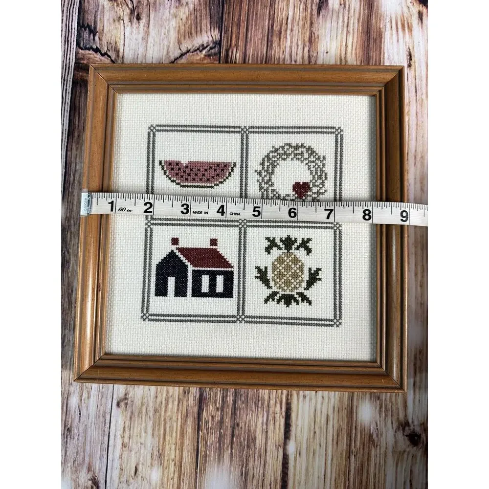 Vintage Cross Stitch House Warming Gift Pineapple Wreath Framed Finished 9x9 - Picture 10 of 11